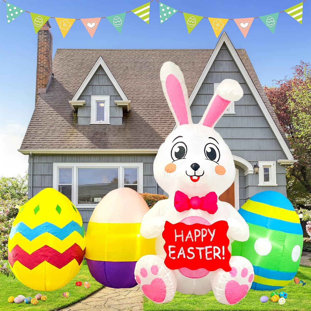 TOCZIM 6ft Easter Inflatable Outdoor Decorations Happy Easter Bunny with Eggs Explosion Garden Decoration Built-in LED Light Hug Bunny Sign Indoor Home Lawn Garden Holiday Party Cute Decor