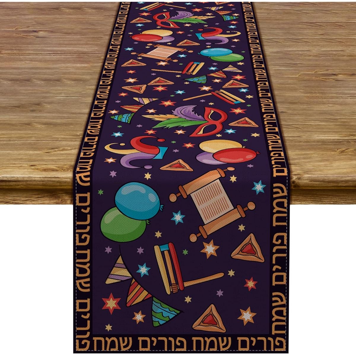 Linen Happy Purim Table Runner Jewish Carnival Holiday Decoration Home Kitchen Dining Room Table Decor 13x72 Inch