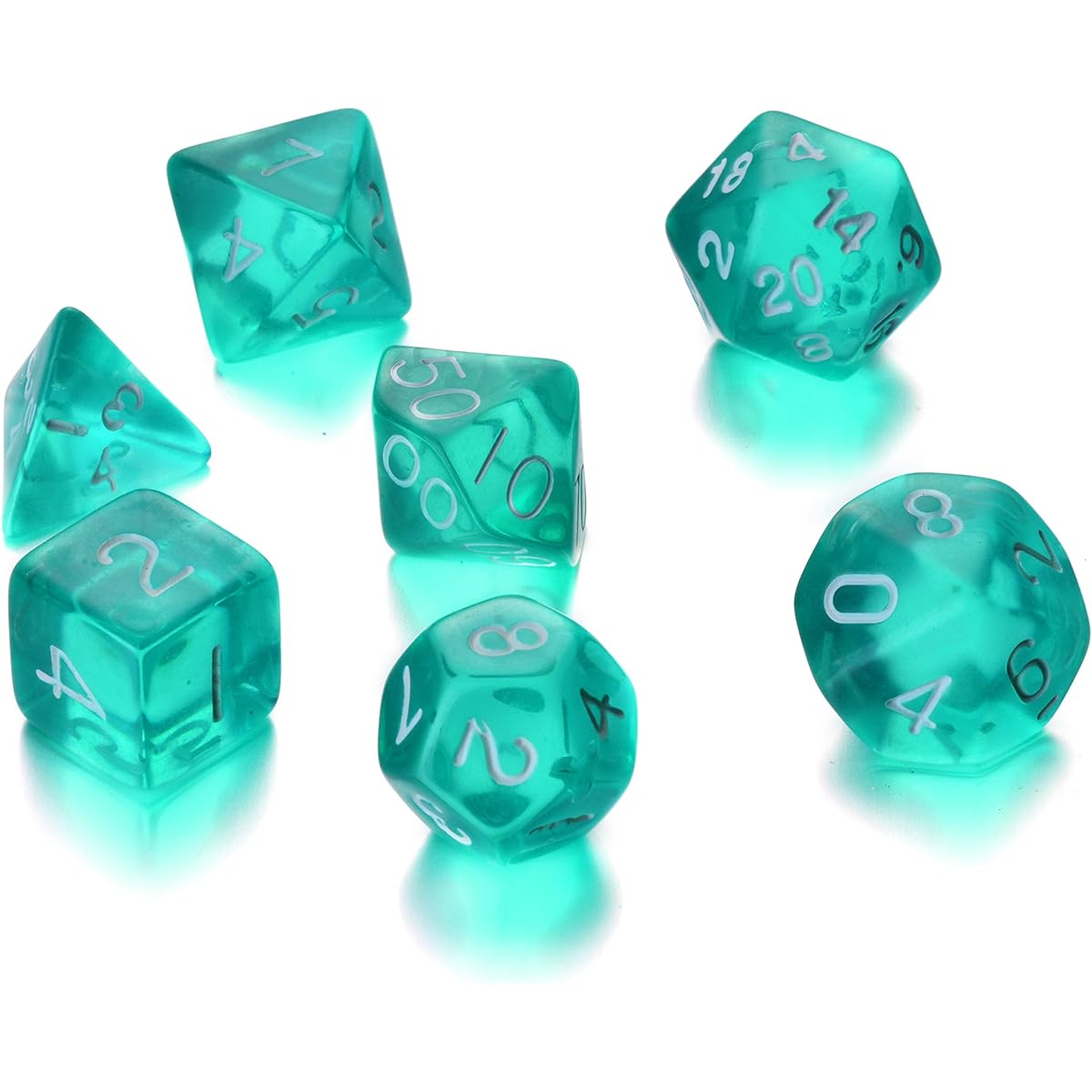 REINDEAR 7 Die Polyhedral Role Playing Game Dice Set with Velvet Pouch (Transparent Turquoise)