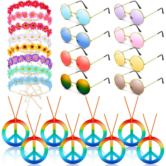 24 Piece Hippie Costume Accessories Set 60's 70's Party Decorations for Women Sunflower Headband Hippie Sunglasses Rainbow Peace Sign Necklace Hippie Party Supplies