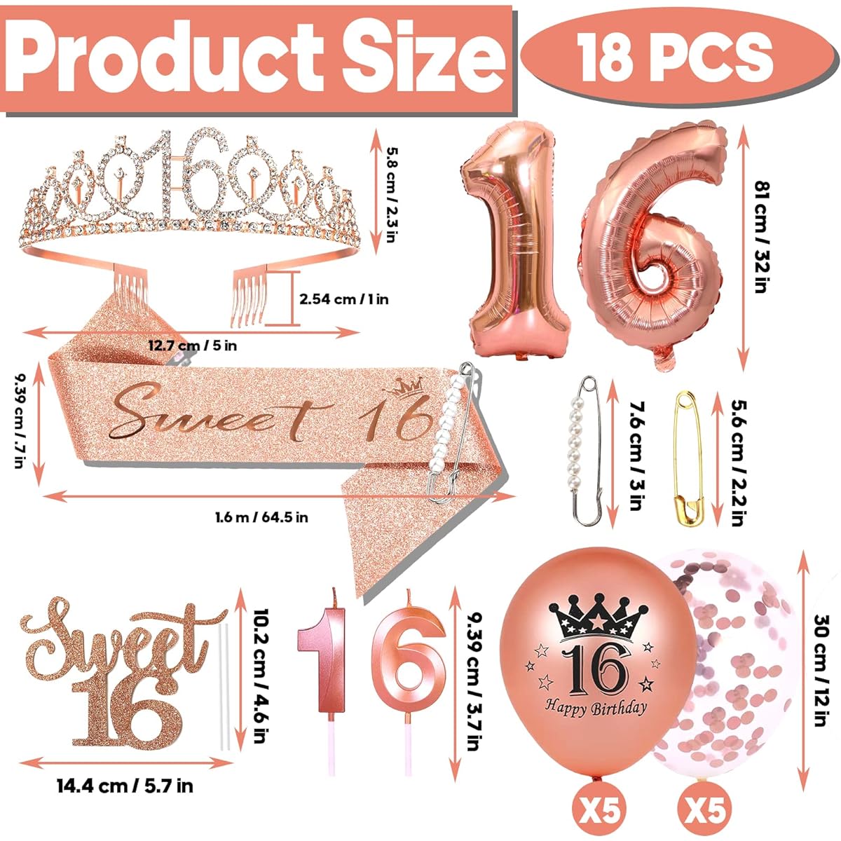 Sweet 16 Birthday Decoration Sweet 16 Sash 16 Tiara Sweet 16 Cake Topper Balloon Pin and Candle Set Rose Gold