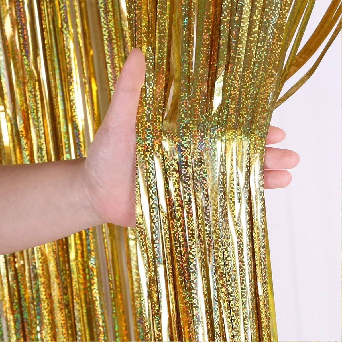 2 Pack 3.3ft x 10ft Sparkly Golden Tinsel Curtains Party Backdrop Metallic Foil Tinsel Fringe Backdrop Door Fringe for Birthday Graduation Wedding Party Photo Backdrop