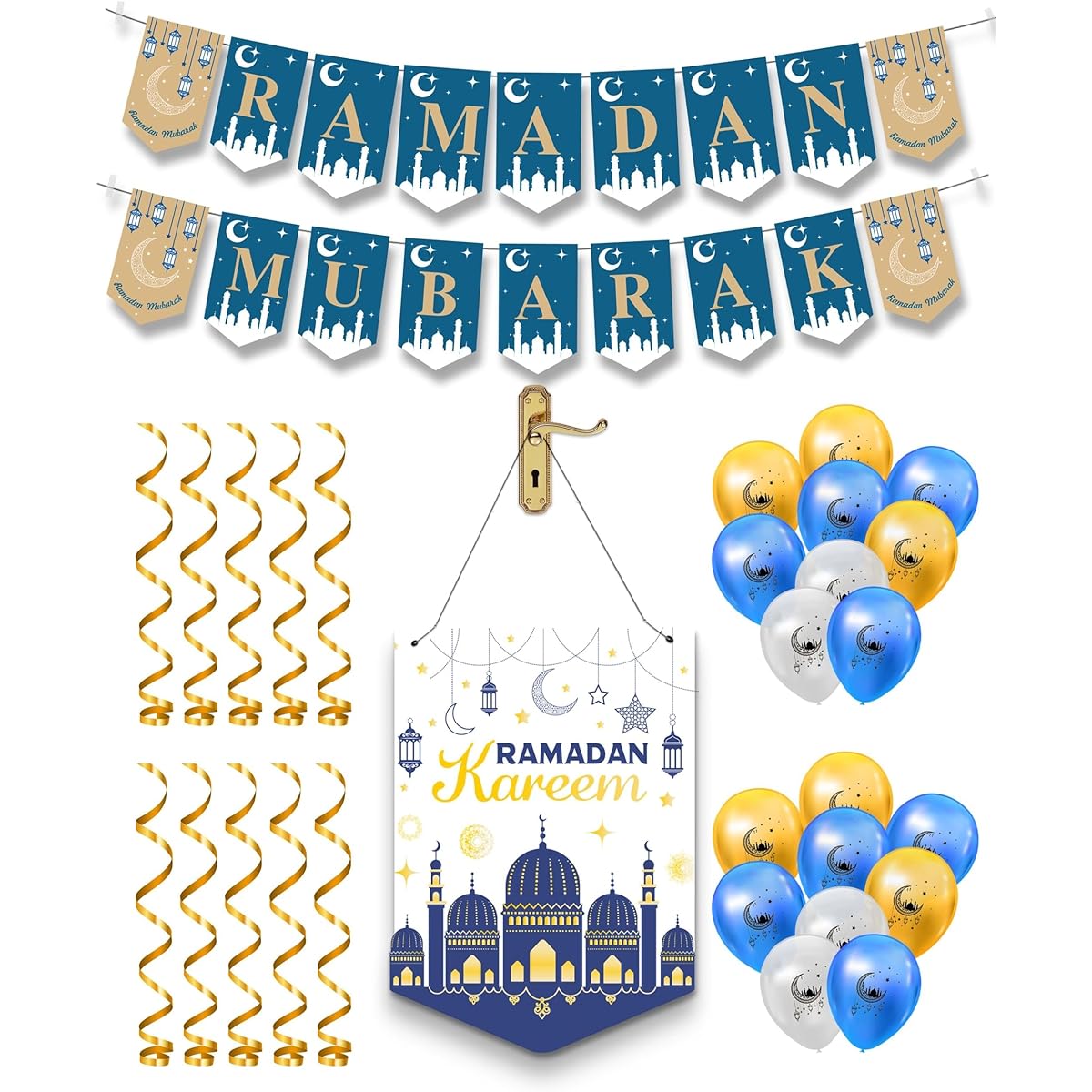 OLEEK Ramadan Decorations Home 2024 Set (Ramadan Banner Decorations - Ramadan Wreaths - Ramadan Balloons - Swirls) - Ramadan Mubarak Banner & Ramadan Door Decorations - Ramadan Mubarak Signs