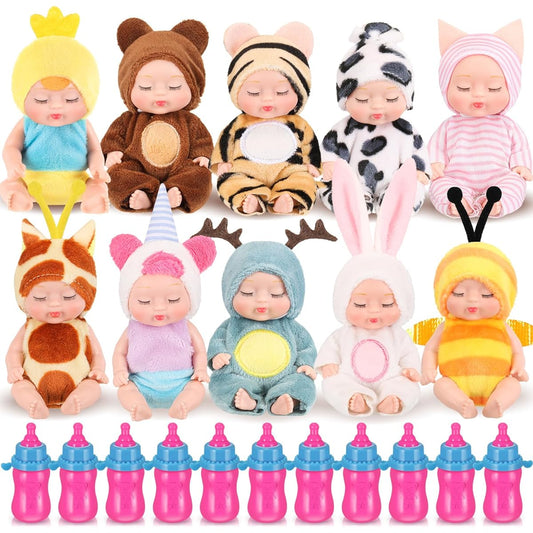 10 Pieces 4 Inch Mini Reborn Baby Dolls, Lifelike Realistic Baby Dolls with Animal Clothes Realistic Baby Doll Set with 10 Feeding Bottles for Boys Girls Toddlers Kids Ages 3+ Birthday Easter