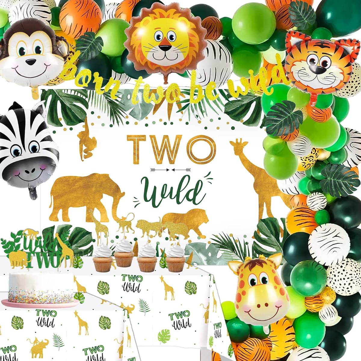 NAIWOXI Jungle Theme Party Supplies - 2 Wild Birthday Decorations includes banner, backdrop, topper, tablecloth, balloons, jungle safari theme party decorations for boy, girl and 2nd birthday.