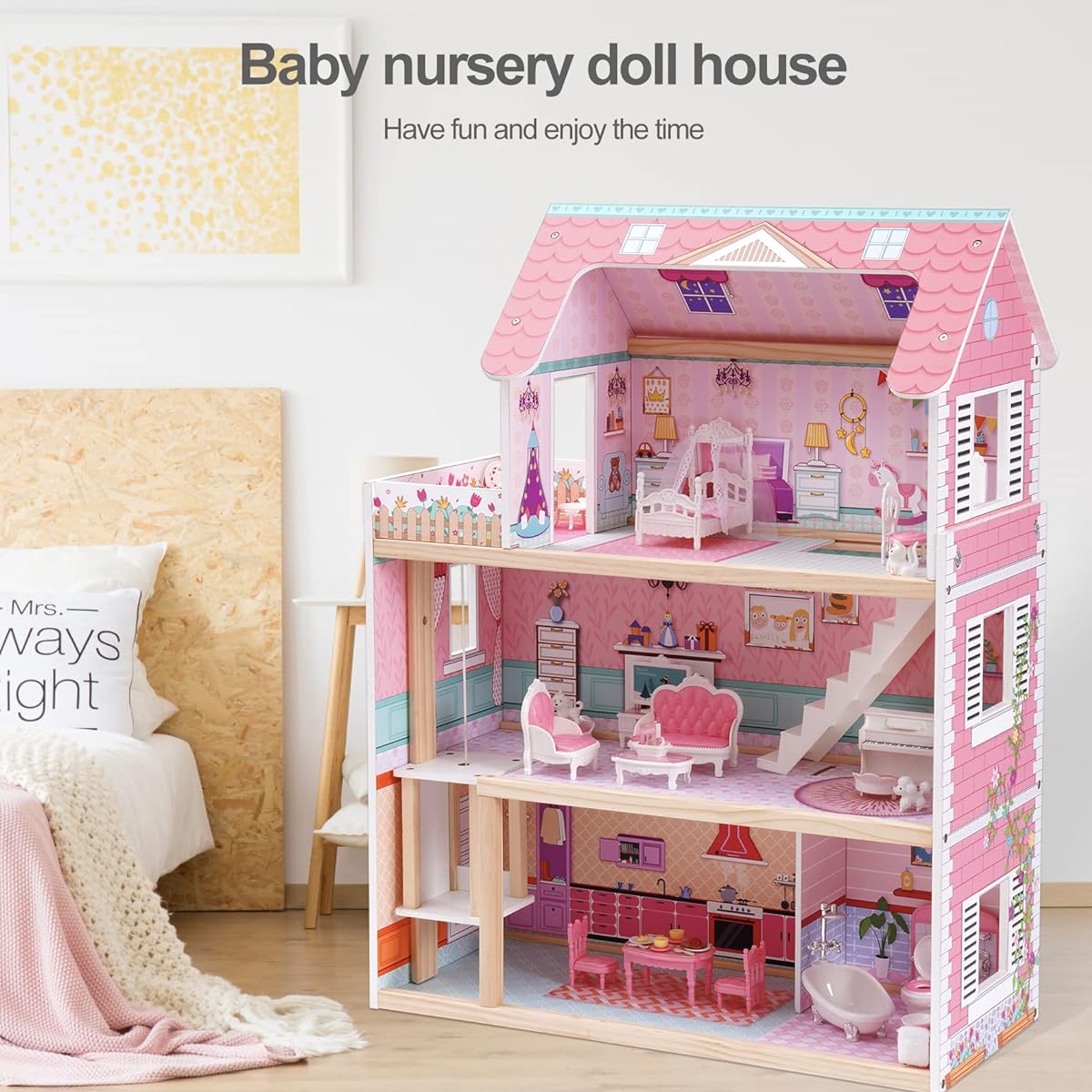 ROBUD Wooden Dollhouse Kit Kids Dollhouse Toy Gift for 3 4 5 6 Years Old Girls Boys, 24.3*12*32in, WDH04