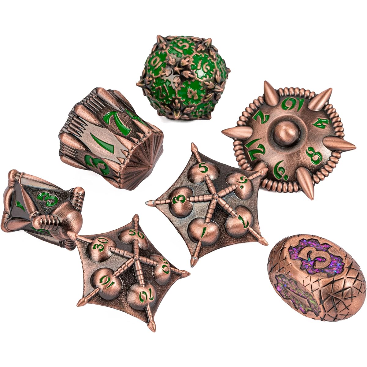UDIXI Dragon Metal Dice Set D&D 7 Pieces Polyhedral Dice Set Unique Shape for DND Dungeons and Dragons Role Playing Game (Copper and Green Numbers)