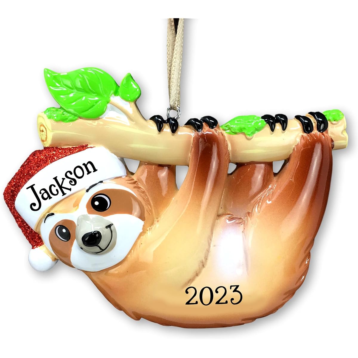 PolarX Sloth Hanging from a Limb Red Sparkly Santa Hat Christmas Ornament Customizable with Name and Date - 4"