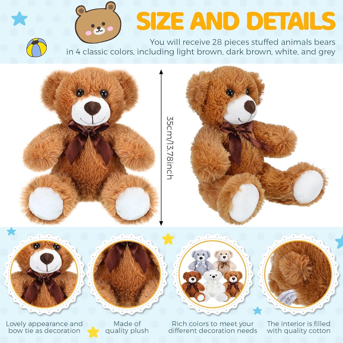 Jerify 50pcs Teddy Bears with Bows and Ribbons 13.7" Soft Bears for Valentine's Day Birthday Wedding Baby Shower Decorations in White, Brown, Dark Brown, Khaki, Gray