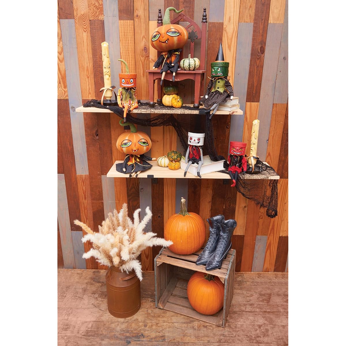 GALLERIE II Halloween Whimsical Ghost Box Head Folk Art Doll Collectible Joe Spencer Gather Traditional Home Decor Figurine Black