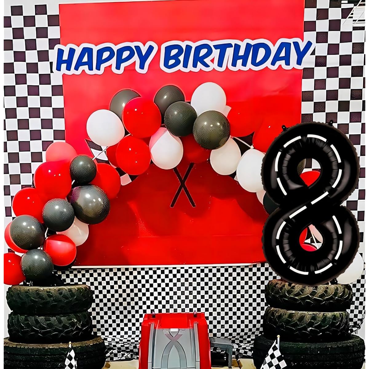 Race Car Birthday Balloons Numbers 8 - 40 Inch Big Foil Mylar Race Track 8 Balloons Boys 8 Years Old Birthday Party Decorations Racing Car Theme Party Supplies Anniversary Celebration Decor
