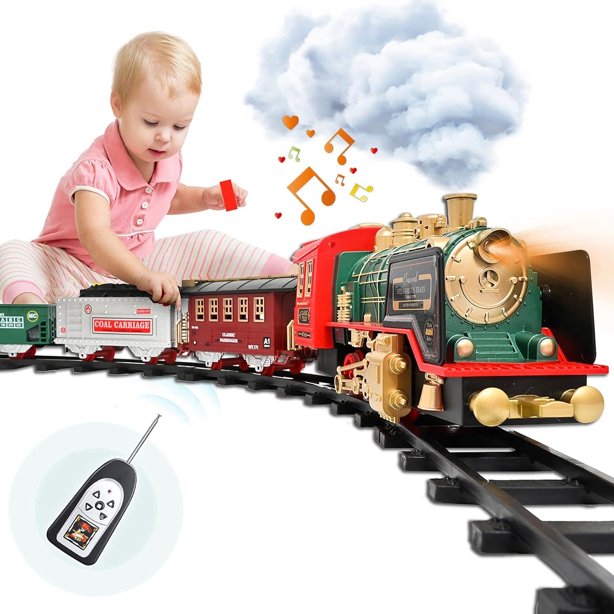 Fortikpo Train Set with Rechargeable Battery and Remote Control Steam Around Christmas Tree with Music and Lights Electric Train Toy Gift Toy for Ages 3 4 5 6 7 8+ Kids Toddlers