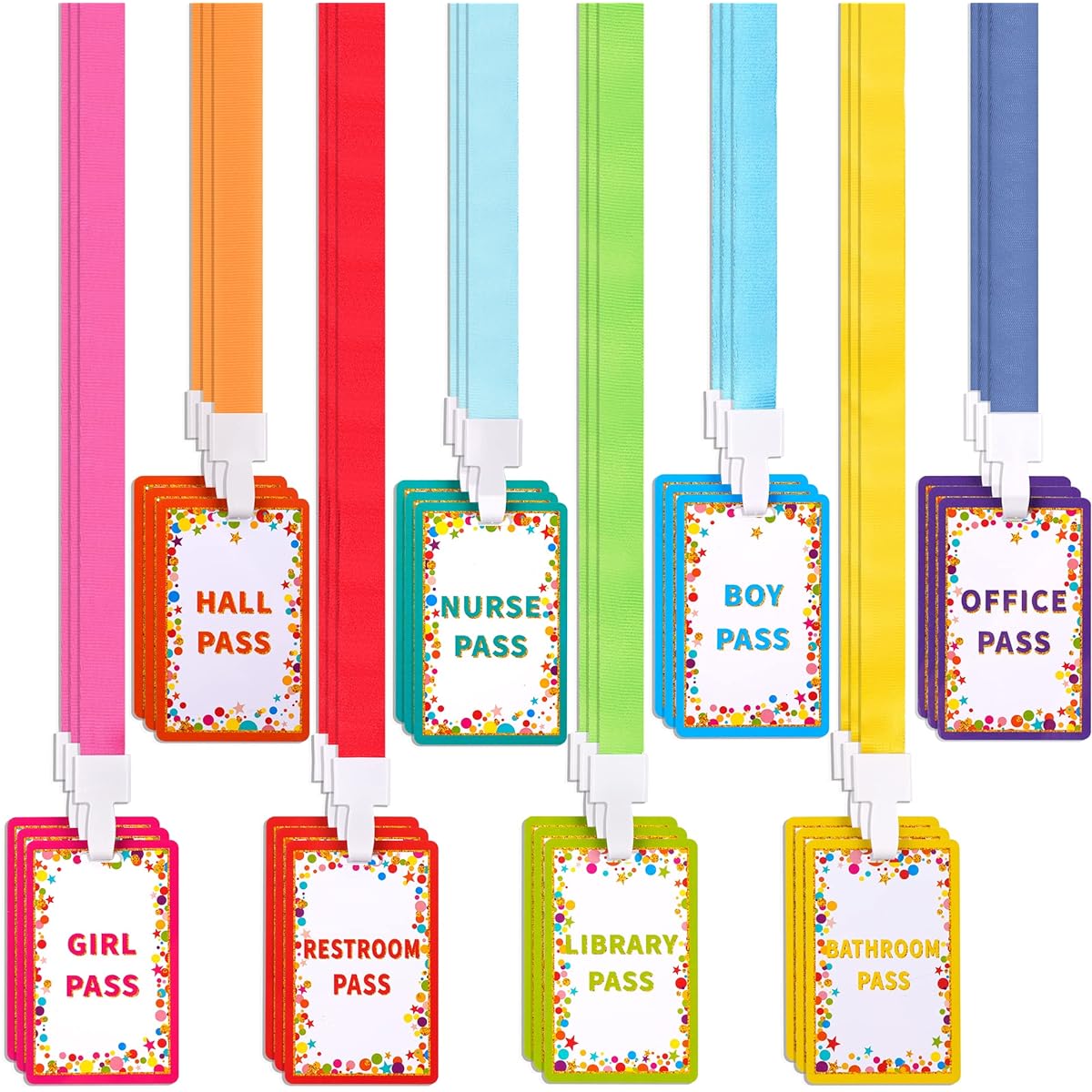 Confetti Pass Lanyards and School Passes Set of 24 Unbreakable PVC Reusable Waterproof Hall Pass Restroom Pass Bathroom Pass Nurse Pass Library Pass Office Pass Girl Pass Boy Pass Confetti