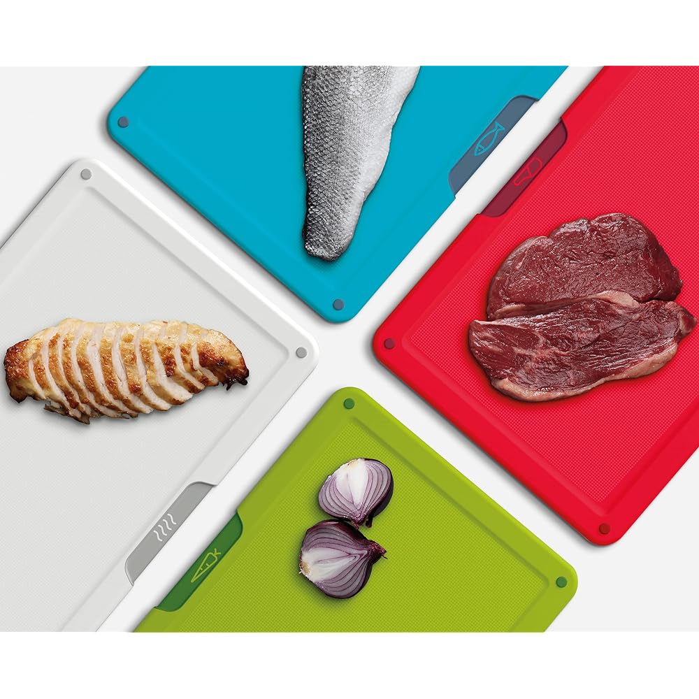 Joseph Joseph Cutting Board Folio Icon Set of 4 with Ingredient Icons, Different Use Chopping Board, Dishwasher Safe, Storage Case Included, Large, Multicolor [Genuine Product] 60219