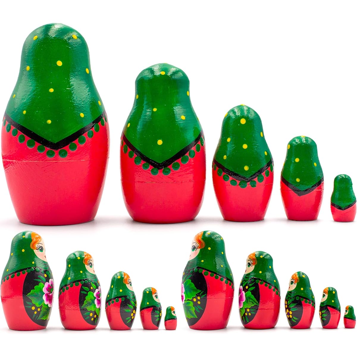 Russian nesting doll 5 piece set - green head scarf and sarafan with rose flower - Russian doll - rose decoration with rose