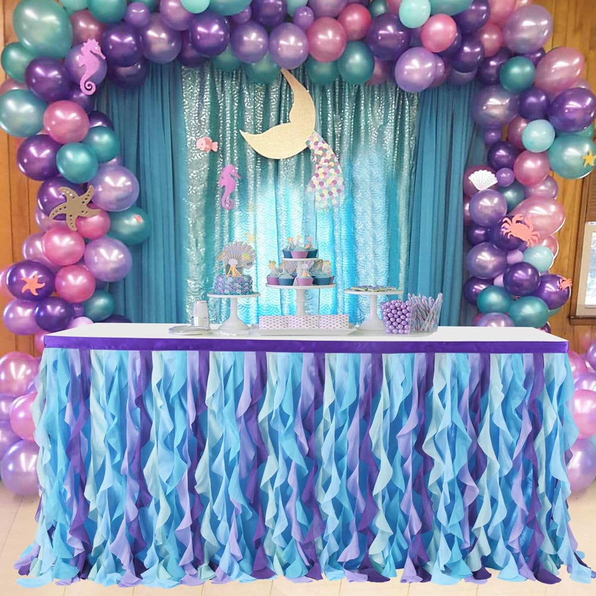 CO-AVE Mermaid Tulle Table Skirt, Curly Willow Tutu, Baby Shark Tablecloth, 6ft Ruffle Table Skirt, Under the Sea Birthday Party, Baby Shower, Rectangle Round Table Decorations