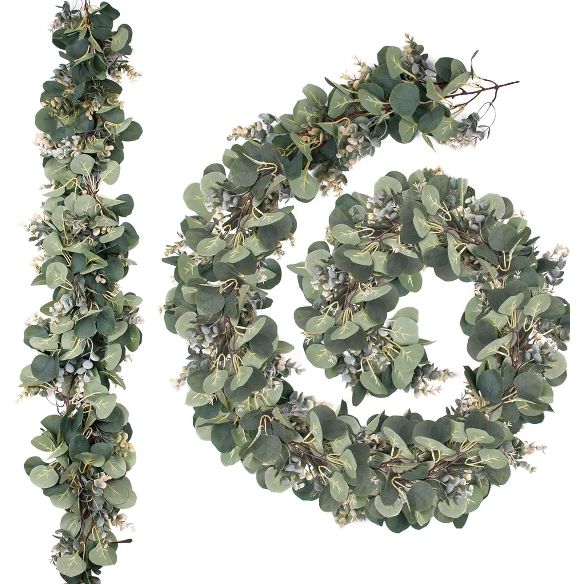LUZOGA Eucalyptus Garland Rush, Natural Look Artificial Greenery Garland Vines for Wedding Decorations, Table Runners, Mantles. Richly Textured Boxwood, Silver Dollar Eucalyptus Leaves, 2 Pieces