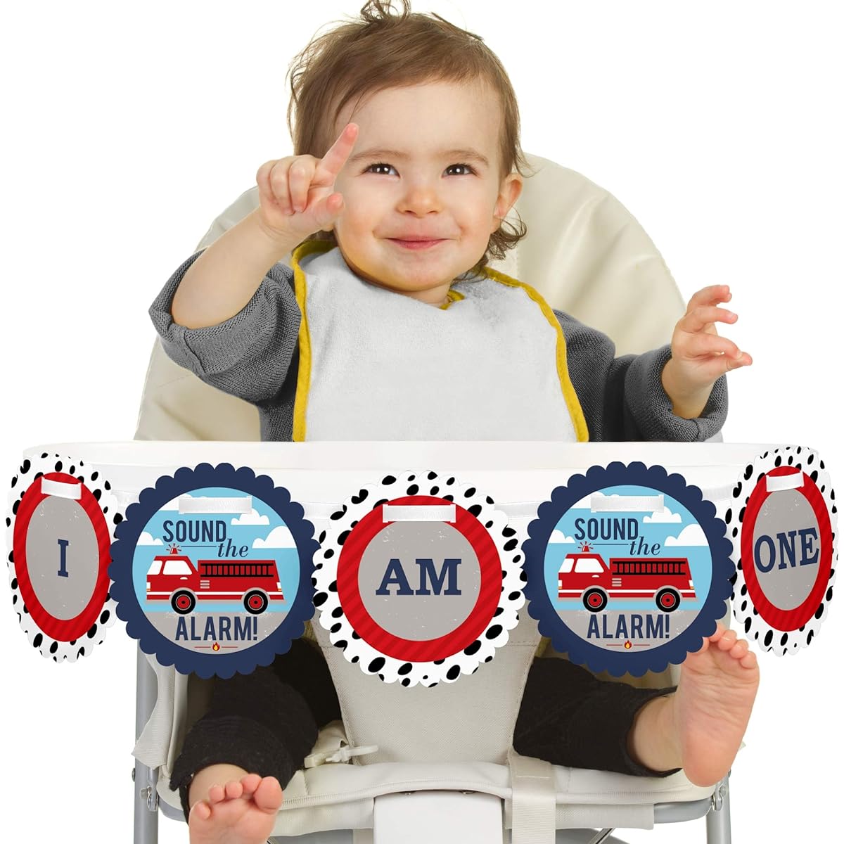 Big Dot of Happiness Fired Up Fire Truck 1st Birthday Highchair Decor - I Am One - First Birthday Highchair Banner