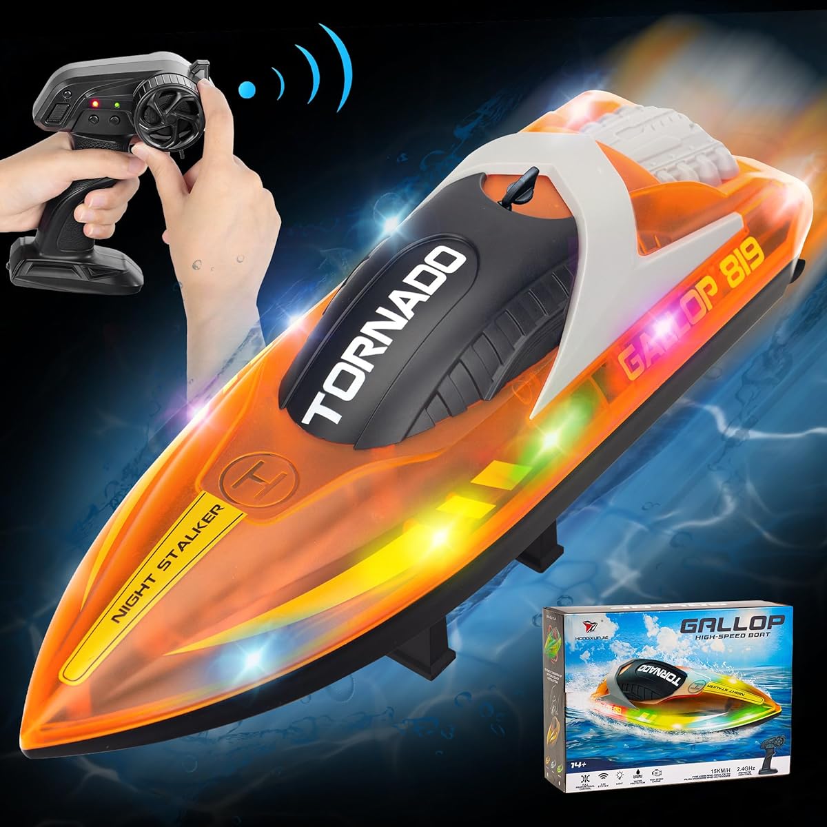 RANFLY RC Boat for Kids 8-12 15+ MPH High Speed Remote Control Boat with LED Lights 2.4G RC Electric Boat Pool Lake Toys for Adults