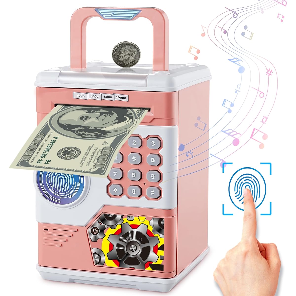 KIDAMI Electronic Piggy Bank Large Children's Safe Children's ATM with Fingerprint Password Automatic Handbag/Door Opening Musical Birthday Gift for Boys and Girls (Pink)