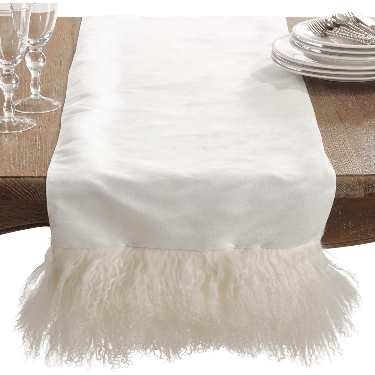 SARO Mongolian Lamb Fur Table Runner Ivory