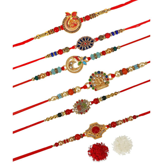 ALOUD CREATIONS Stylish Rakhi Combo | Roli Chawal and Raksha Bandhan Greeting Cards for Men | Set of 6, Alloy Steel, Simulated Diamonds, Pack of 6, Alloy Steel, Simulated Diamonds