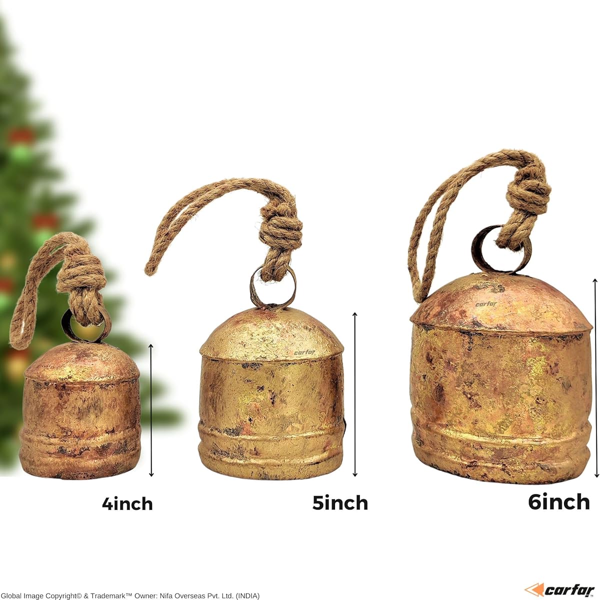 Carfar Rustic Style Large Round Bell Handmade Metal Harmony Christmas Hanging Cowbell Complete Set of Jute Rope Set of 3