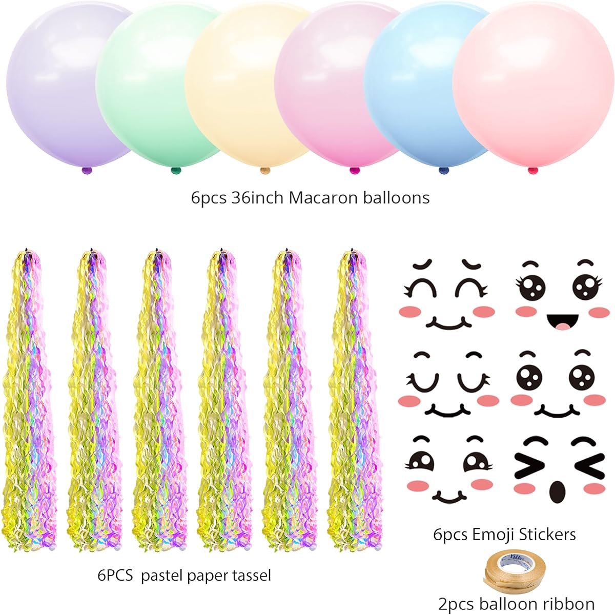 Liliville Pastel Balloons 6pcs 36" Smile Face for Birthday Party Decorations/Unicorn Party
