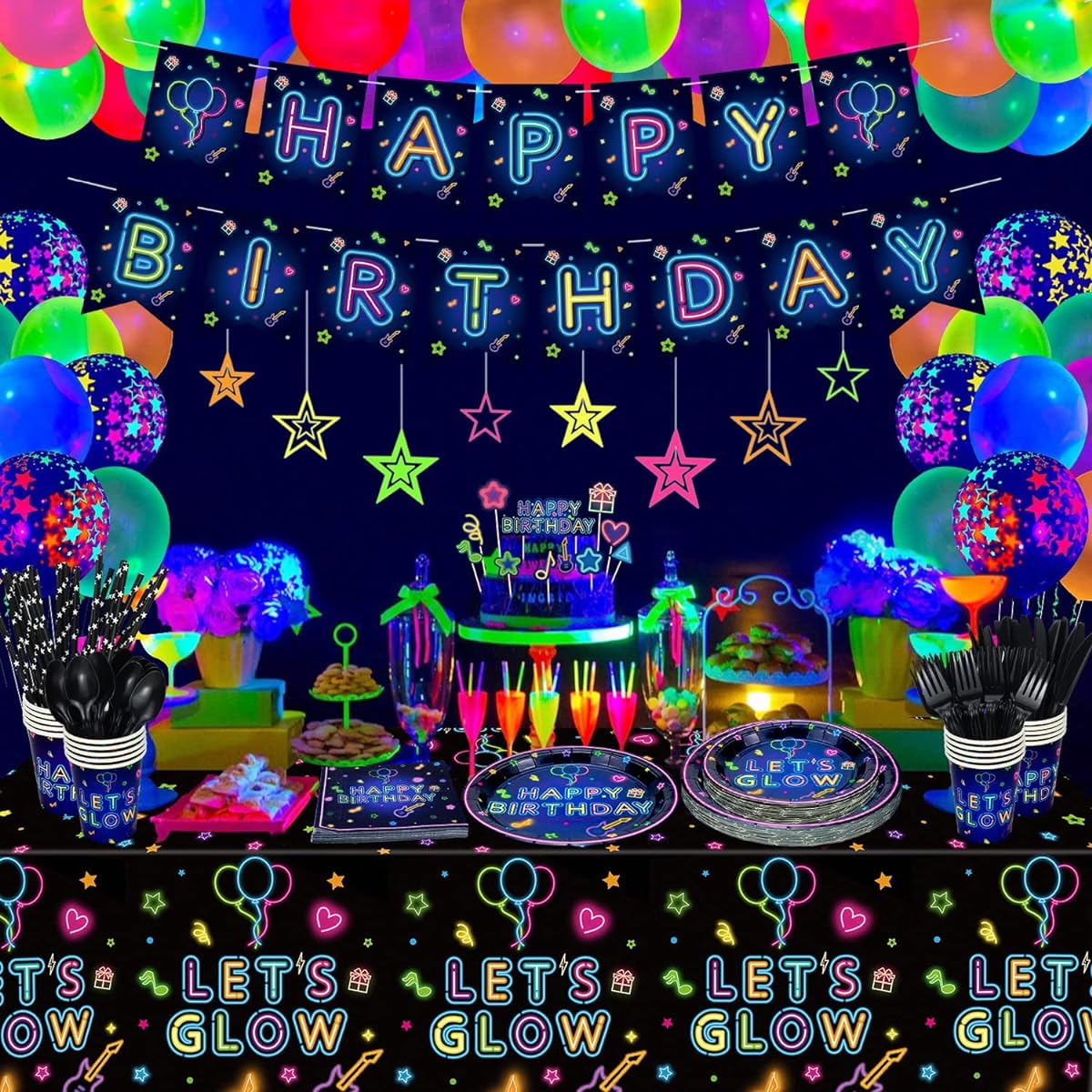 230pcs Let's Glow Neon Party Supplies, Glow Party Tableware Set, Neon Balloons, Glow in the Dark Birthday Banner, Hanging Stars, Cake Toppers for Black Light Party Decorations, Serves 20