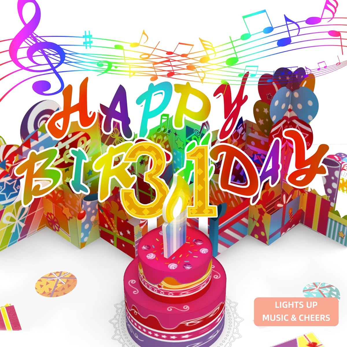Gumry 31ST Musical Birthday PopUp Card, Blowable LED Light Candle 3D Cards with Song 'HAPPY', Applause Cheers Sound,Color-Changing Lights,Colourful Greeting Cards for Women Men Turning 31 Years Old