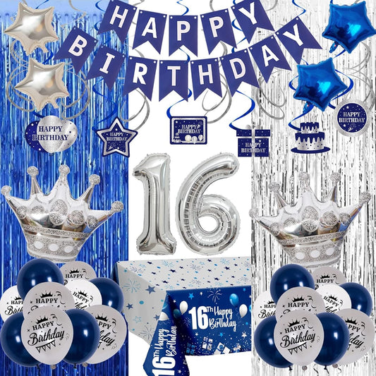 16th Birthday Decorations for Boy/Girl - Sweet 16th Birthday Decorations Blue and Silver HAPPY 16th BIRTHDAY Banner Balloon Tablecloth - 16th Birthday Party Supplies