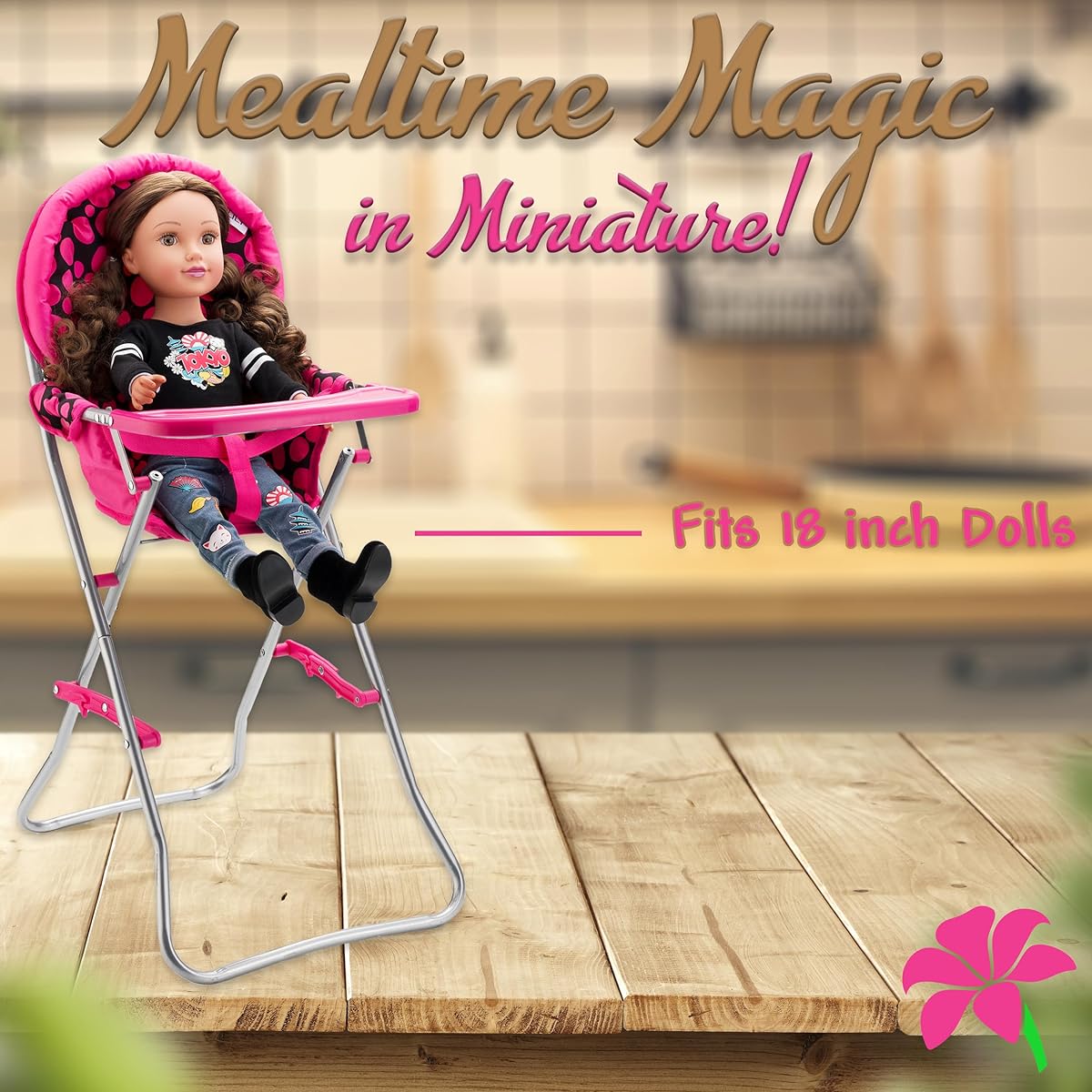 Baby Doll High Chair Baby Toy High Chair for Toddlers Ages 3+ Baby Doll Furniture for 18 Inch Dolls Pink and Black Polka Dot Design for Kids