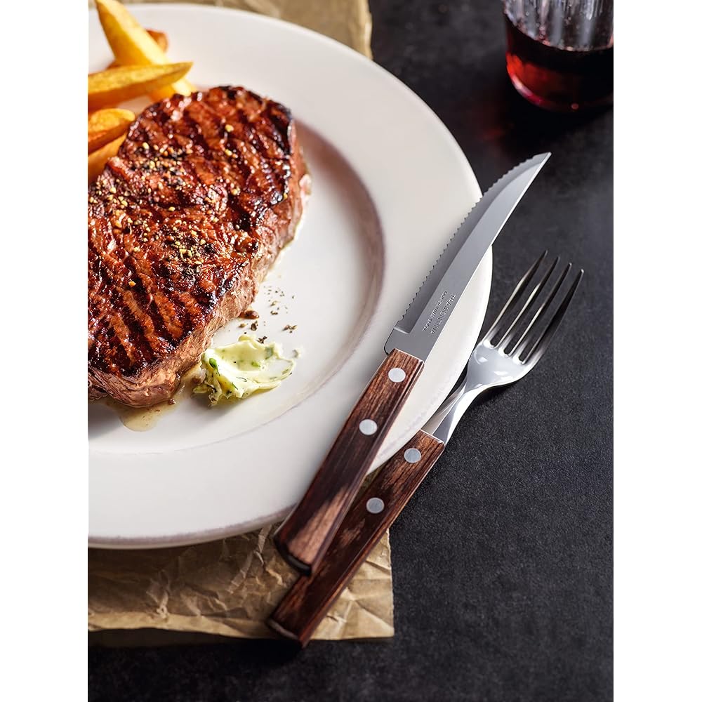 Tramontina Polywood Heavy Duty Natural Wood Handle Steak Knife 21cm & Table Fork 19cm Set of 8 Dishwasher Safe 3 Degree Heat Treated Knives Dark Brown Boxed Dishwasher Safe Shockproof Lightweight Made in Brazil 29899/296 TRAMONTINA