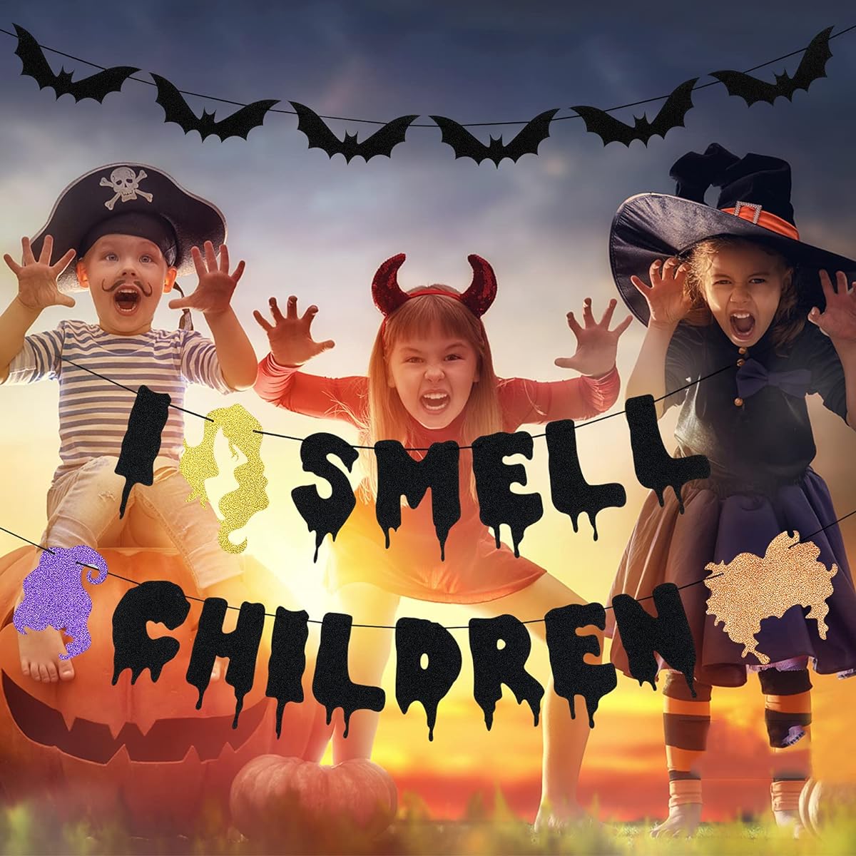 I Smell Kids Banner Black Glitter Hocus Pocus Halloween Party Decorations Hocus Pocus I Smell Kids Decorations Halloween Flying Bat Banner Home Fireplace Mantel Office Decor