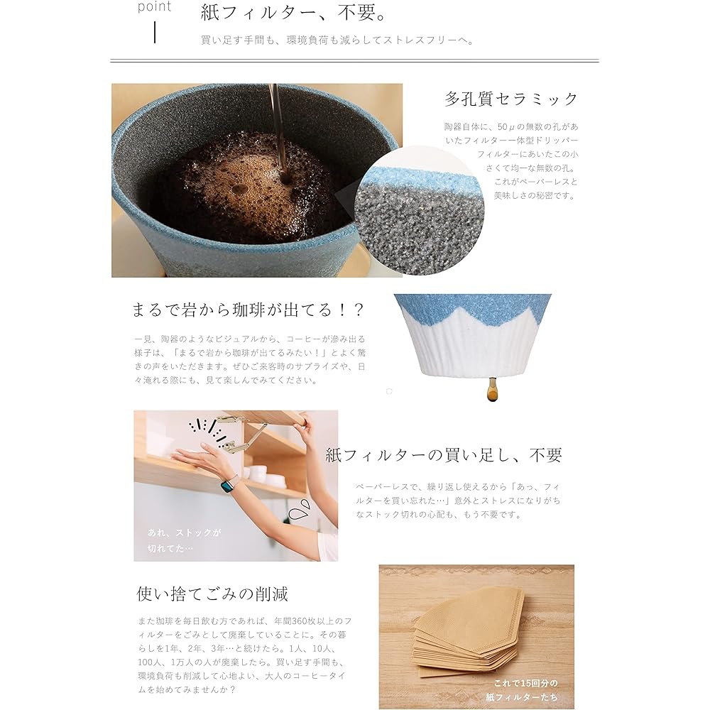Hasamiyaki New Ceramic Coffee Filter & Dripper Gift Present | Eco Filter | Paper Filterless | Mt. Fuji | EthicalHouse (Blue green -Blue Green Fuji-)