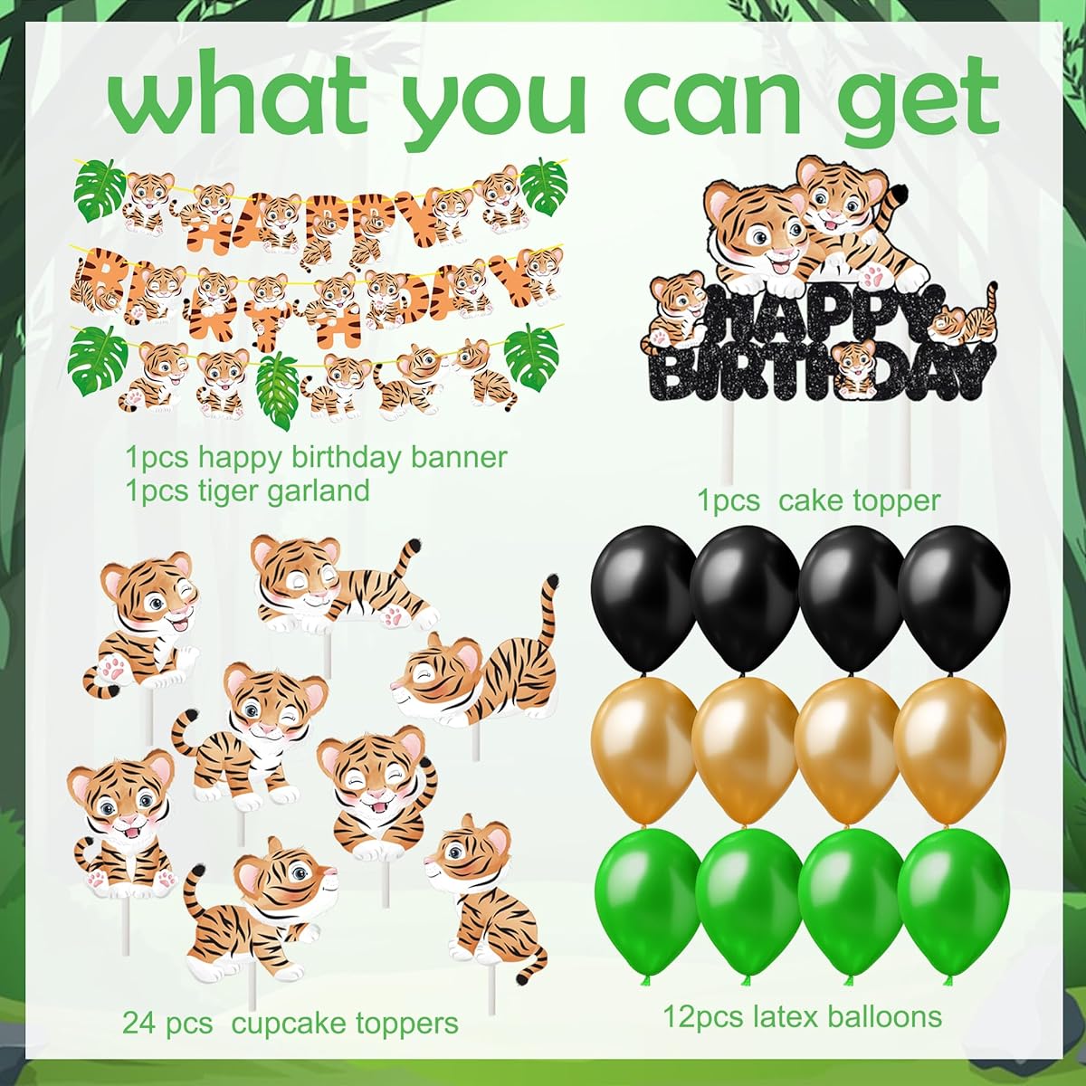 Tiger Birthday Party Decorations, Cute Tiger Happy Birthday Banner with Latex Balloons, Cake Cupcake Decorations for Tiger Birthday Party, Jungle Animal Party Supplies