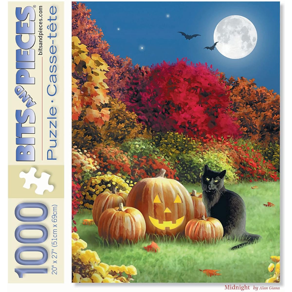 Bits and Pieces - 1000 Piece Jigsaw Puzzle for Adults 20" x 27" - Midnight - 1000 Piece Halloween Black Cat Pumpkin Jack O'Lantern Full Moon Jigsaw Puzzle by Artist Alan Gianna