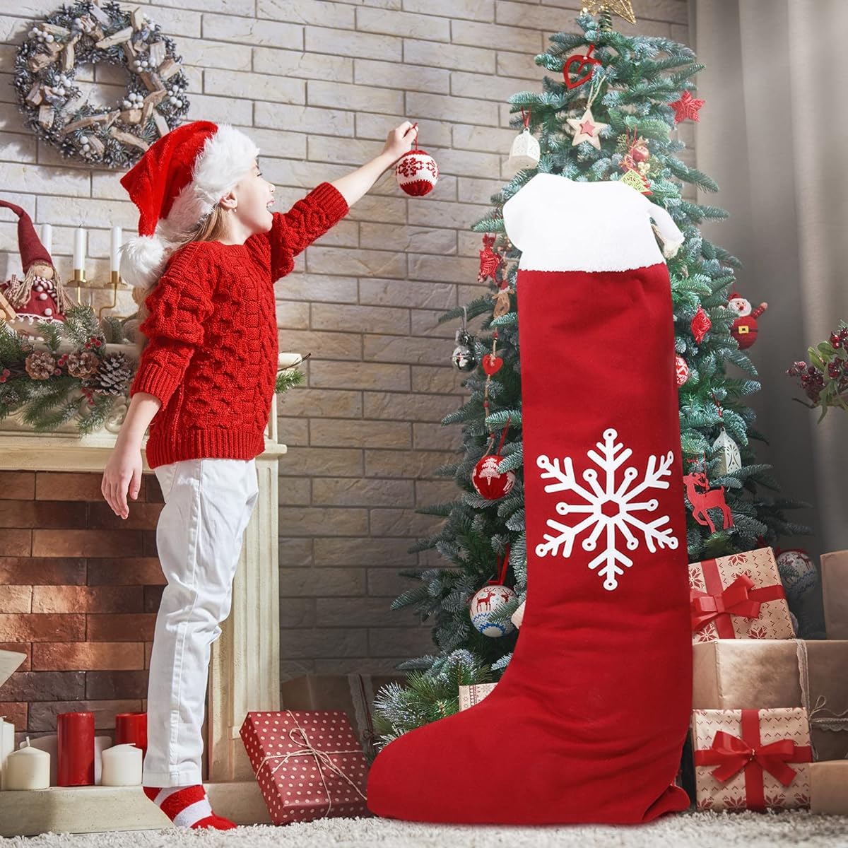 Jumbo Christmas Stocking 59 Inch Giant Christmas Stocking Red Velvet Oversized Stocking with Soft Plush Cuff Snowflake Large Christmas Stocking Hanging Large Stocking Christmas Gift Bag