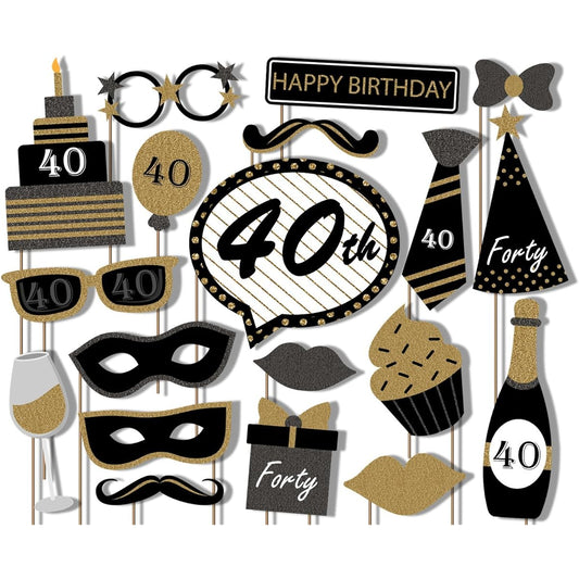 40th Birthday Party Black and Gold Photo Booth Props Kit - Pack of 20 Party Camera Props Fully Assembled