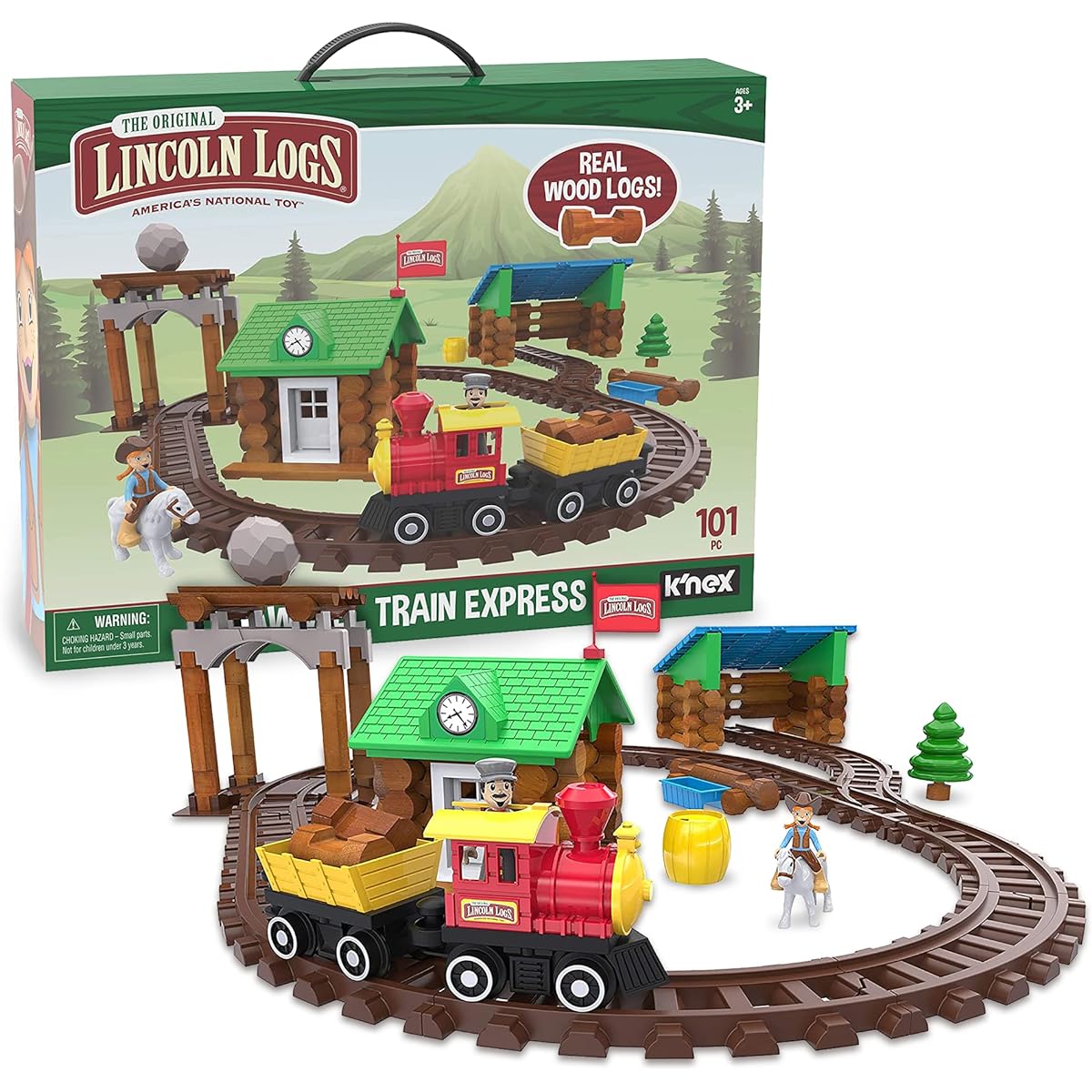 LINCOLN LOGS Sawmill Express Train - 101 Pieces - Real Wood Logs - Buildable Train Tracks - Ages 3+ - Best Retro Building Gift Set for Boys/Girls - Creative Construction Engineering - Preschool Educational Toy