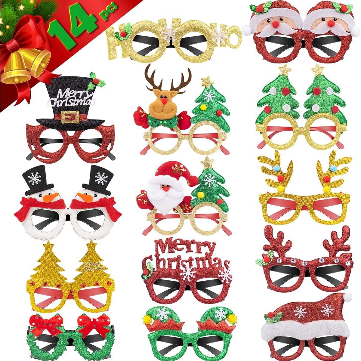 Christmas Glasses Party Decorations, 14pcs Glitter Holiday Glasses Frames Party Favors Supplies for Kids and Adults Christmas Decorations Costume Eyeglasses Christmas Party Holiday Favors Photo Booth