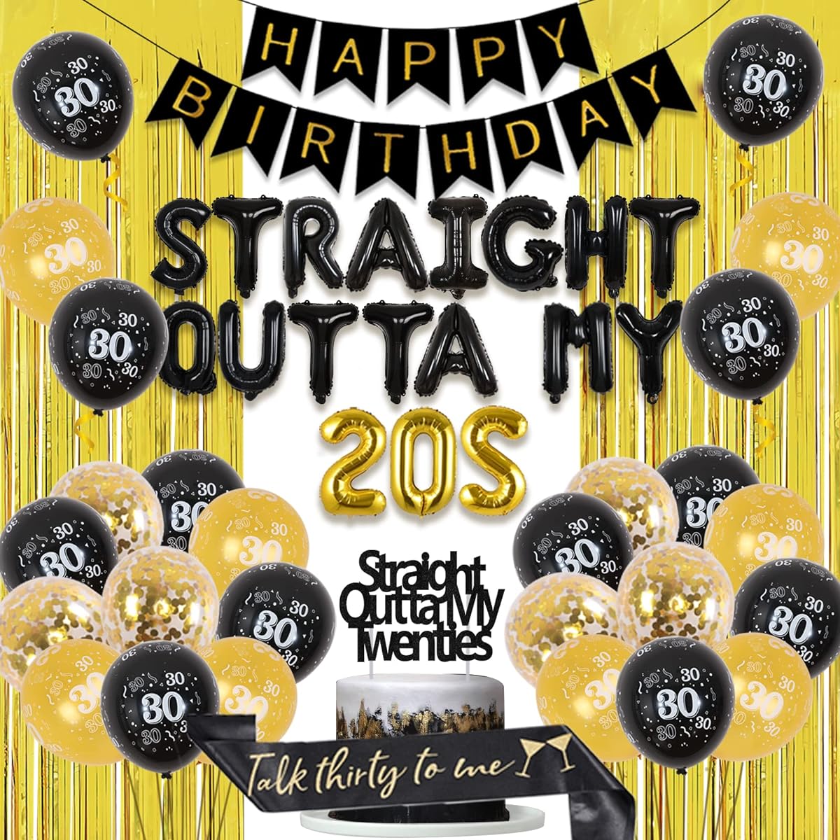 Wonmelody 30th Birthday Decorations Black Gold Men Women Straight Outta My 20s Foil Balloons Talk 30 to me Birthday Decorations Sash Gold Fringe Curtain Straight Outta My 20s Glitter Cake Topper