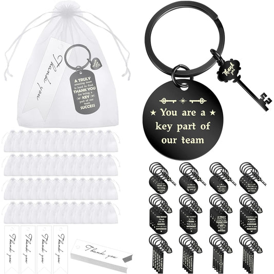 48 Employee Thank You Gift Set - 48 Gratitude Keychains, 48 Organza Bags, 48 Thank You Cards for Employees Coworkers (Black)