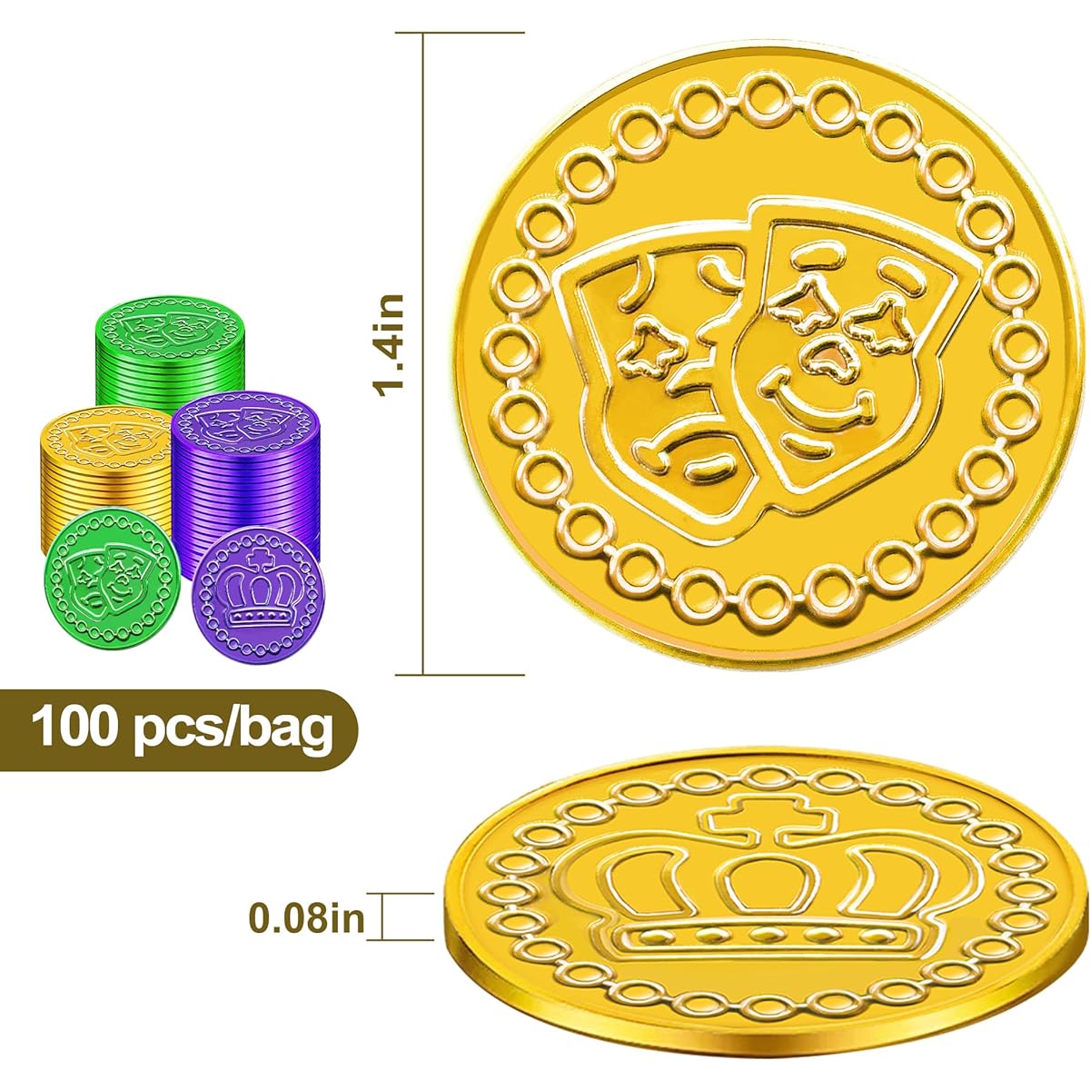 Wobeny 100 Mardi Gras Plastic Coins - Purple Green Gold Coins Doubloons Mardi Gras Decorations Parade Throws Party Favors