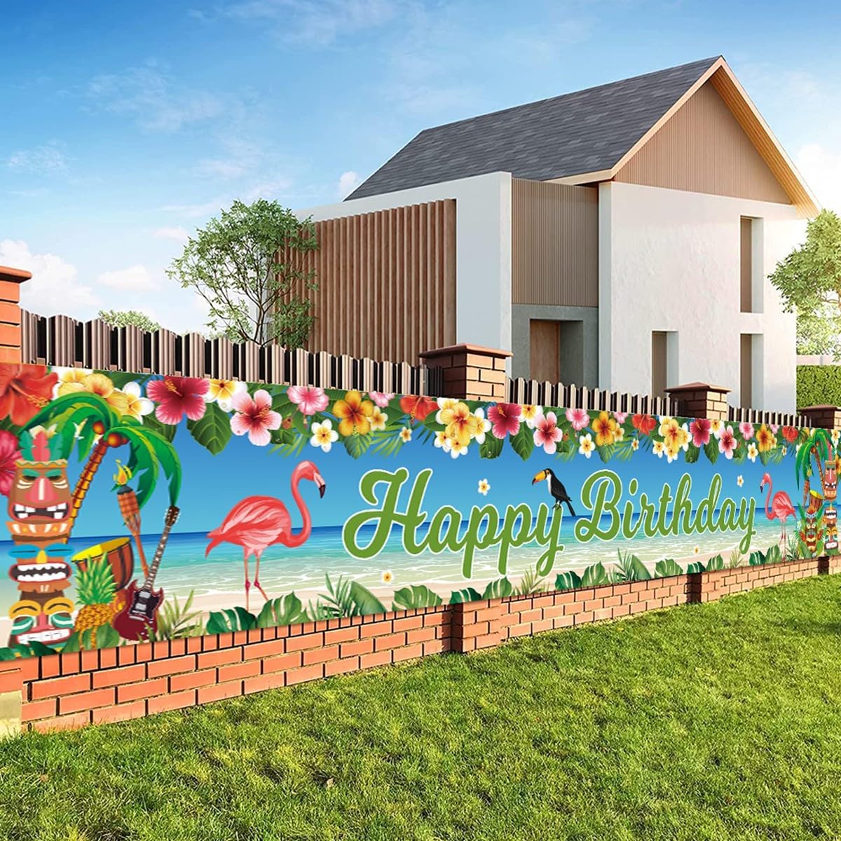 KYMY Large Hawaiian Luau Happy Birthday Background Banner Summer Floral Tropical Flamingo Birthday Sign Hawaii Theme Photo Background Supplies for Birthday Party Decorations (118 x 19.7 inches)