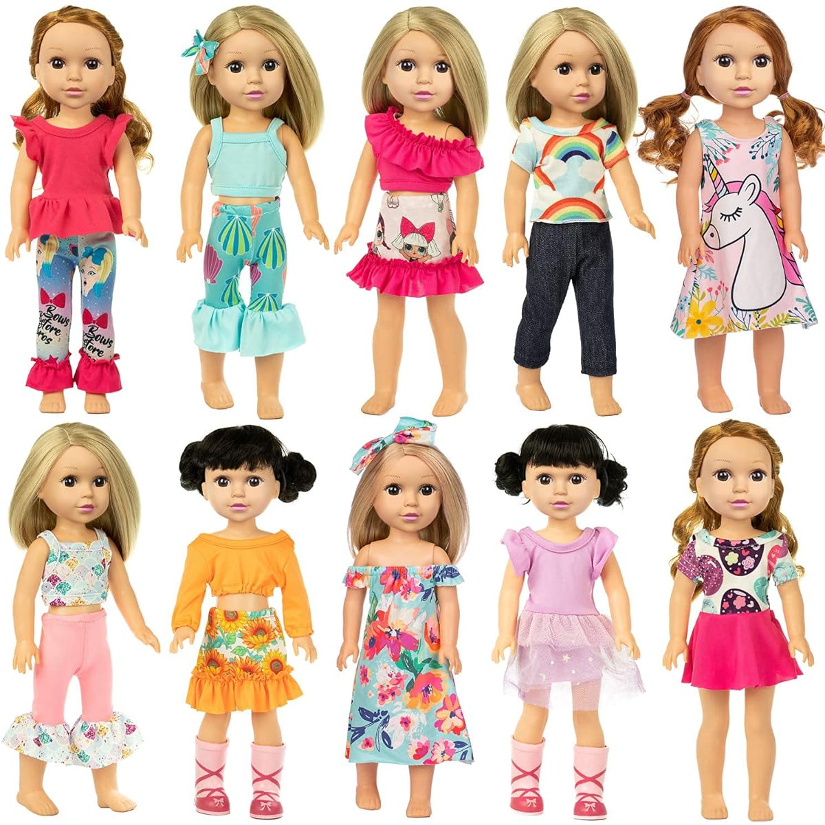Ecore Fun 10 Sets 14.5" Doll Clothes Dress Pajamas Hair Clips for 15" Girl Doll