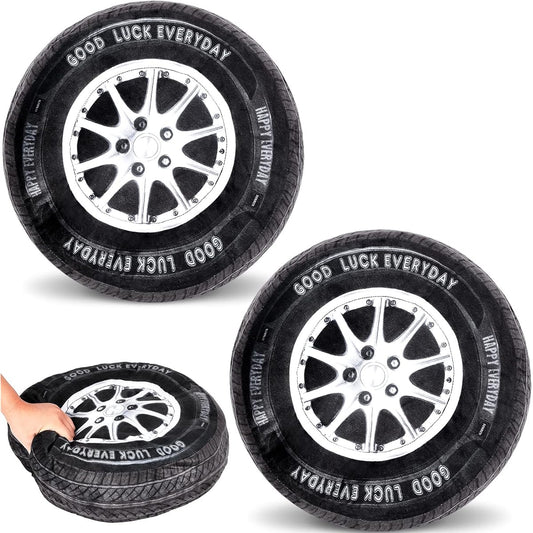 2pcs 3D Simulation Wheel Plush Pillow Soft Car Tire Pillow Outdoor Cushion Cute Faux Car Tire Plush Pillow Funny Sofa Seat Cushion for Car Owners Rolling Toy