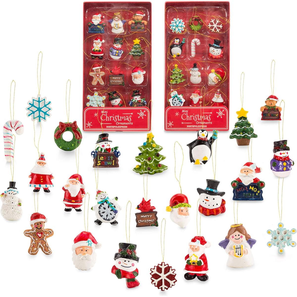 Set of 24 Mini Resin Christmas Ornaments, Rustic Christmas Decorations, Small Miniature Christmas Tree Ornaments, Santa Snowman, Gingerbread Angel, Tiny Christmas Tree Decorations with Gift Box