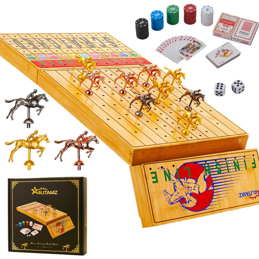 4Litamz Horse Racing Board Game, Portable Horse Racing Board Game with 11 Luxury Metal Craft Horses, Foldable Chess Board, 2 Dice, 2 Pokers and 100 Chips