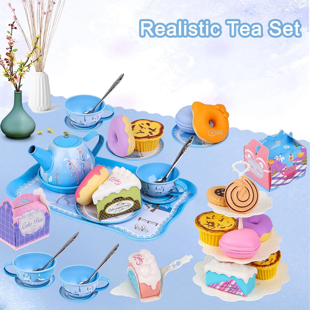 PRE-WORLD Tea Party Set for Little Girls, 46 Piece Princess Teatime Toy with Desserts, Cookies, Donuts, Teapot Tray, Cake, Tablecloth, Gloves, Carry Case, Kitchen, Pretend Play, Girls, Boys, Ages 3-6